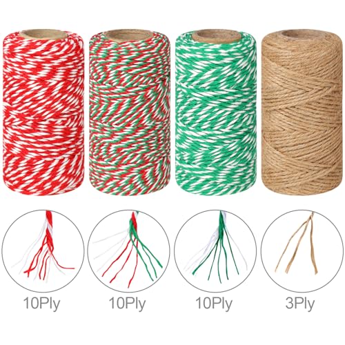 Image of 4 Rolls Natural Jute Twine, Red, Green & White - 70m /Roll