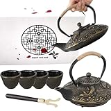 Cast Iron Teapot Set with Gift Pakckage, Koi Fish Tea Pot, Japanese Style Tetsubin Tea Gift Set, 4 Cups, Trivet and Lid Holder (koi fish)