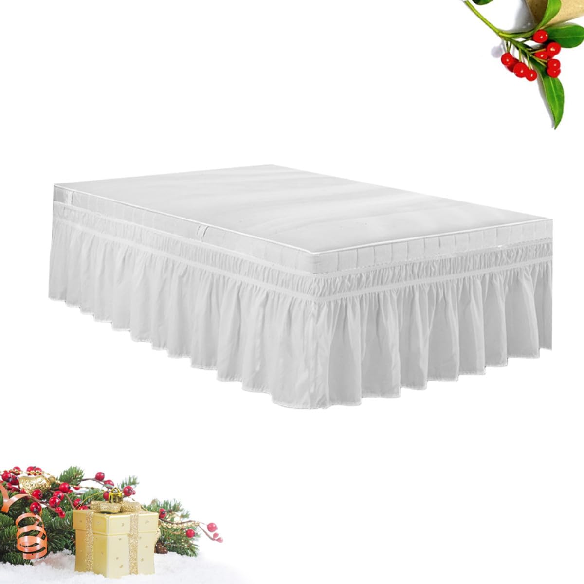 Gonna Copri Letto Matrimoniale Bianca in Poliestere Fascia Elastica e Design Arricciato Elegante per Protezione Completa e Uso Semplice in Casa o Hotel