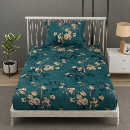 Image of Vram Premium Heavy Cotton Flat Bedsheets with 1 King Size Pillow Covers || Single Bed 350 TC || 60 x 90 Inch Single Size Flat || :- Green Flower