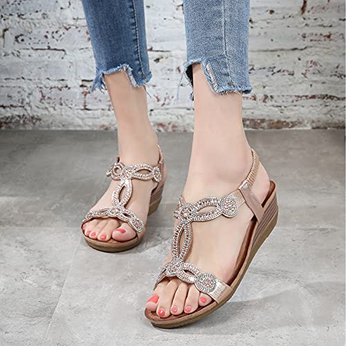 Meeshine Women's Wedge Sandals Summer Comfortable Casual Bohemian Beach Rhinestone Platform Shoes Rose Glod Us 8 #TOP5