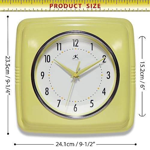 Infinity Instruments Retro Wall Clock – 9-Inch Square, Silent & Non-Ticking – Mid-Century Modern Vintage Design – Decorative Wall Clock for Kitchen, Office, or Diner – Yellow