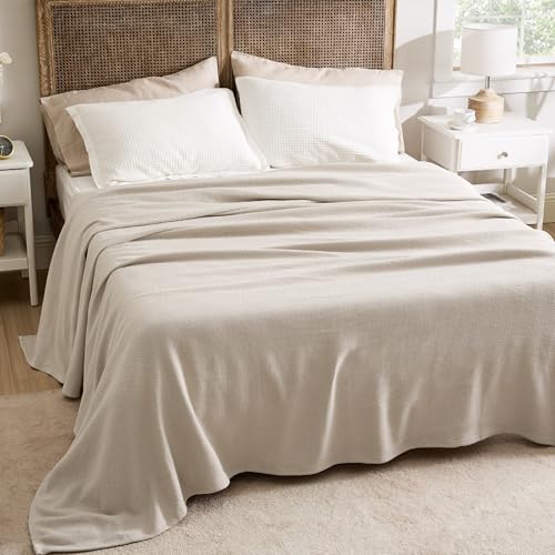 Bedsure GentleSoft 100% Cotton Blanket Queen Size for Bed - Breathable and Lightweight, Soft Cozy Textured Herringbone Woven Blanket for Summer, Linen Beige, 90x90 inches - Image 6