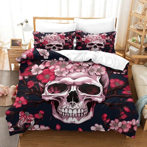 Housse de couette Crâne de Sakura King | Parure de lit gothique chic 3 pièces en microfibre douce - 3