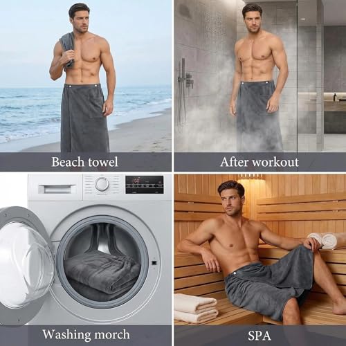 Saunakilt Herren mit Taschen 70x140 cm, Verstellbares Saunatuch mit Druckknopf & Elastischem Bund, Rutschfest & Schnelltrocknend, Saunahandtuch für Sauna, Fitnessstudio, Dusche, Spa & Strand (Grau)