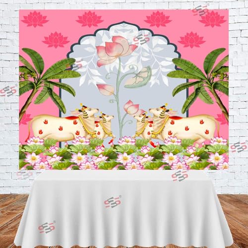 Image of S2S Traditional Backdrop Decoration Cloth | Pink Lotus 4 Cows Backdrop | Gomatha | for Pooja Decoration - 5 Feet Height & 5 Feet Width