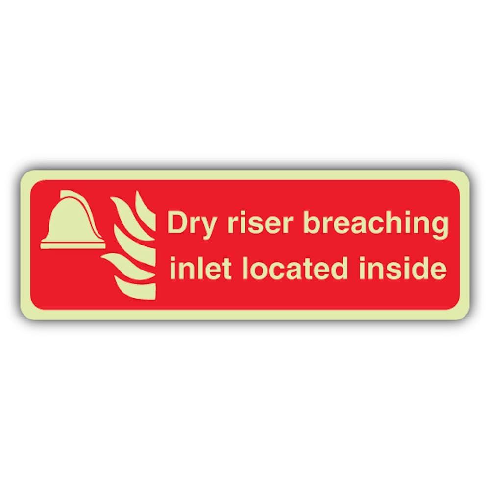 V Safety Photoluminescent Dry Riser Breaching Inlet Located Inside - Landscape Safety Sign - 210 x 70 mm - 1.2mm Rigid Plastic - Double Glow