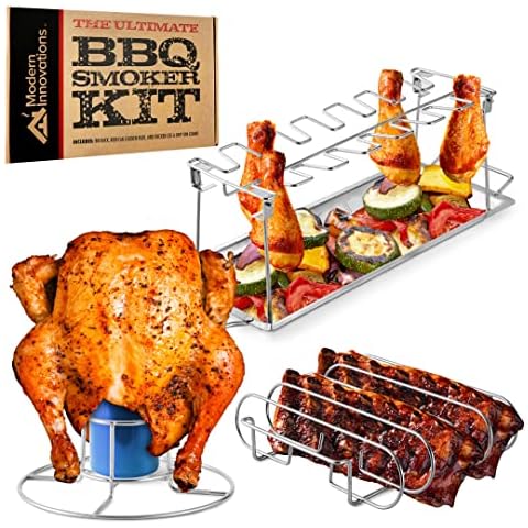Modern Innovations Grill Racks, Chicken Leg Rack Drumstick Holder, Beer Can Chicken Holder Butt Stand, BBQ Smoke Rib Rack, Smoker Accessories Gifts For Men, Smoking and Grilling Gift Set Cover