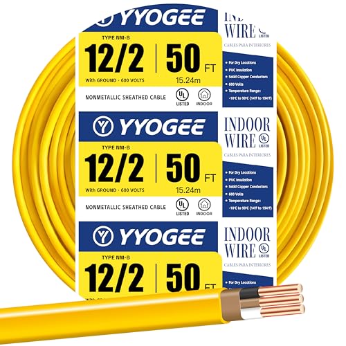 YYOGEE 12/2 NM-B Wire with Ground 50 FT 12 Gauge Wire Solid Copper Non-Metallic Sheathed Cable 12 AWG 2 Conductor Electric Wire for Residential Indoor Wiring Outlets Switches and Lighting (Yellow)