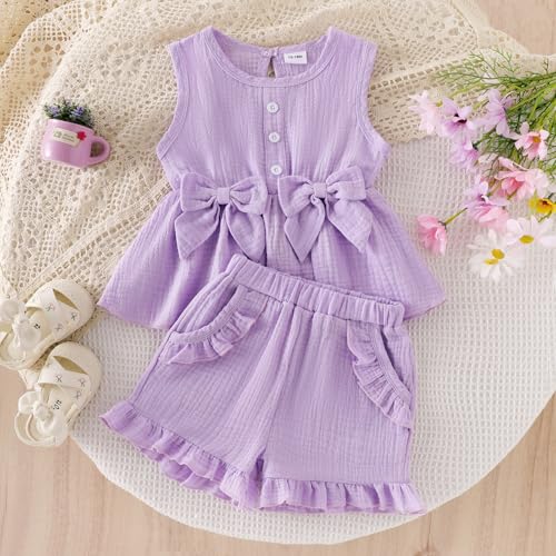 Baby Girl Clothes Toddler Summer Outfits Cute Bow Sleeveless Top and Ruffle Shorts 2pc Set 1-5 Years Old2
