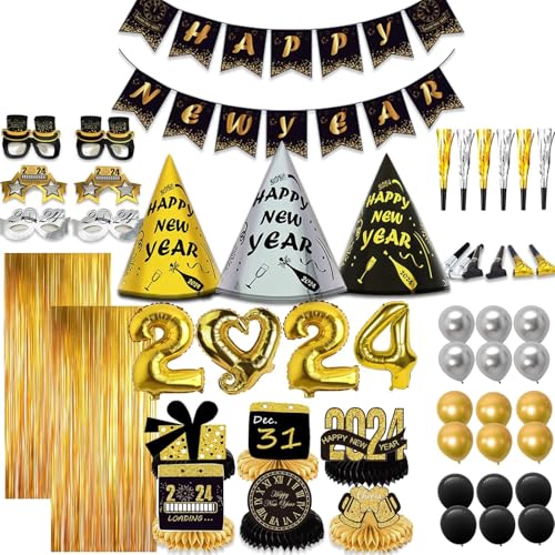 KINNJAS New Years Eve Party Supplies 2024 for 12, New Years Eve Party Decorations, 6 Hat, 6 Glasses, 12 blowouts, 6 Table Centerpiece, 2 Foil Fringe Curtains, 18 Play Balloons