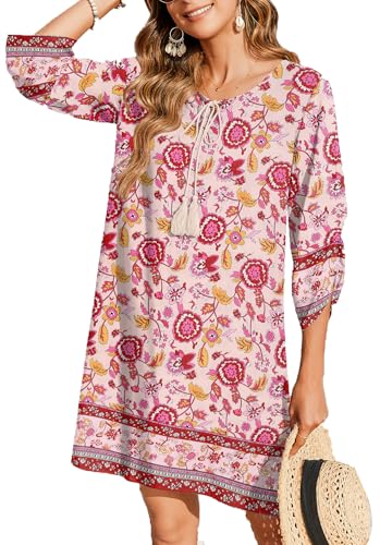 Image of Zeagoo Womens Boho Dresses Casual Beach Summer Dress Tassel Tie Neck 3 /4 Long Sleeve Mini Sundress 2026 Floral Print Cover Up