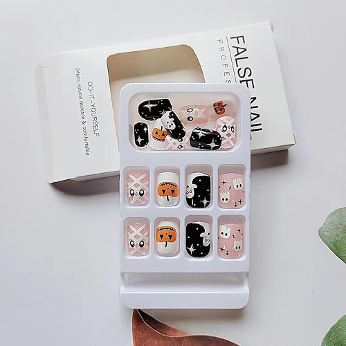 Miniatura 85 de Uñas postizas cortas cuadradas a presión, uñas postizas con pegamento en polvo Aurora, uñas acrílicas con diseños de estrellas de mariposa, uñas