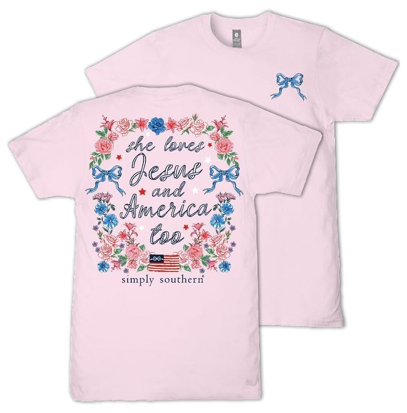 La Mejor Selección de Sheer Love de esta semana. 12 Simply Southern She Loves Jesus and America Too - Floral - Lazos - Bandera - playera juvenil, Peonía, Pequeño
