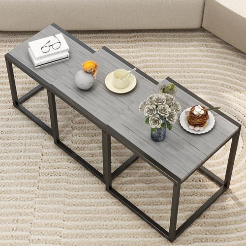 VERFARM Nesting Table Set of 3 Side Table, Modern Minimalist Coffee Table, Stackable Tables with Metal Wood Stacking Side Table for Living Room, Bedroom, Grey+Black
