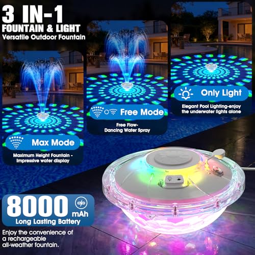 HaiNova 8000mAh Rechargeable Pool Fountain with Lights,2026 Floating Pool Fountain for Above Ground Pool Water Fountain Pump with Anchor, Swimming Pool Fountain Floating Pump for Pool Pond-White
