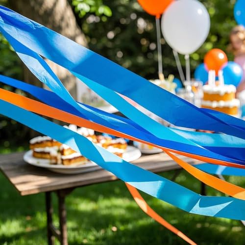 Image of Blue and Orange Crepe Paper Streamers - 6 Rolls Party Streamers for Birthday Party Decorations