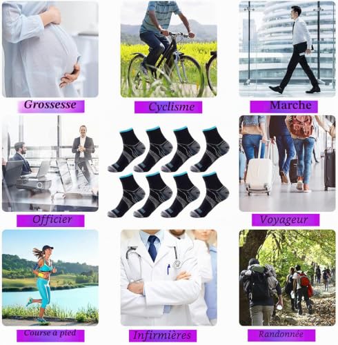 8 Paires Chaussettes de Compression pour Homme et Femme, de chaussettes de compression chaussettes fasciite plantaire pour Cyclisme Fitness Voyage Fitness Running Circulation Voyage en avion – vue 2