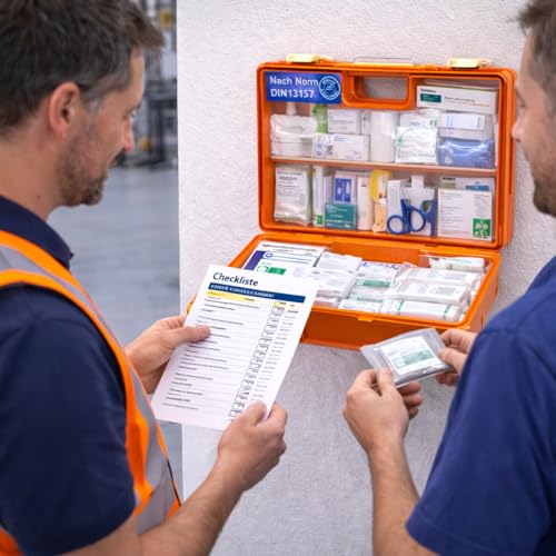Botiquín de primeros auxilios – DIN 13157 – Maletín para empresas y empresas – Botiquín de primeros auxilios naranja probado según la norma actual – con adhesivo y soporte de pared - imagen 3