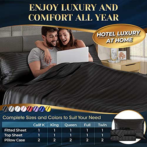 Decolure Striped Satin Sheet Queen Set 4Pcs - Luxurious Silk Feel Sheets Queen - All-Season Satin Silky Soft Queen Size Satin Bed Sheets W/Deep Pocket Fitted Sheet, Flat Sheet And Pillowcase (Black) #TOP5