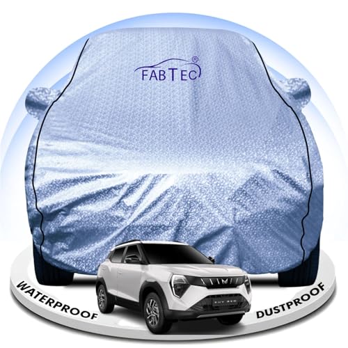 Image of FABTEC Metallic Silver Waterproof Car Body Cover for Mahindra 3XO Sun, UV and Dust Protection with Mirror Pocket (Reflective Silver with Black Piping)