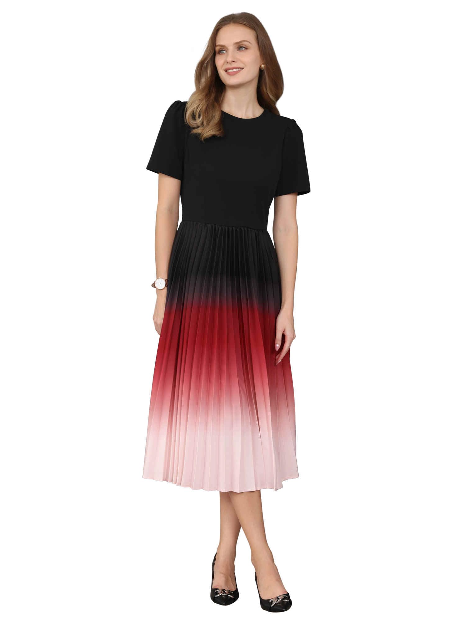 Womens Short Sleeve Pleated Dress 2025 Spring Trendy Office Work A-Line Midi Dresses