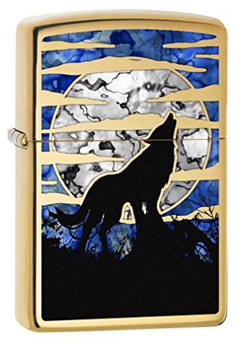 Zippo Lighter: Fusion Wolf Howling at The Moon - High Polish Brass 78375