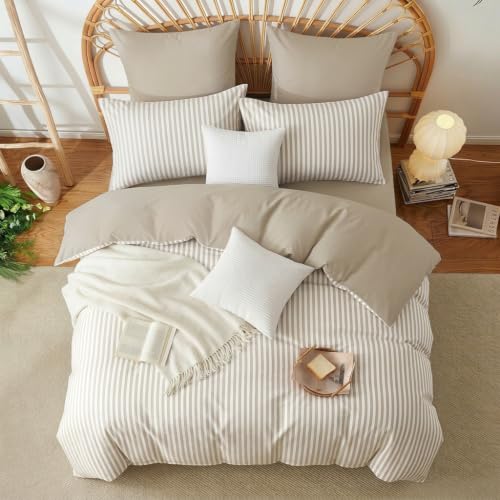 Image of Nayoroom Brown Striped Duvet Cover Queen Reversible White Taupe Bedding