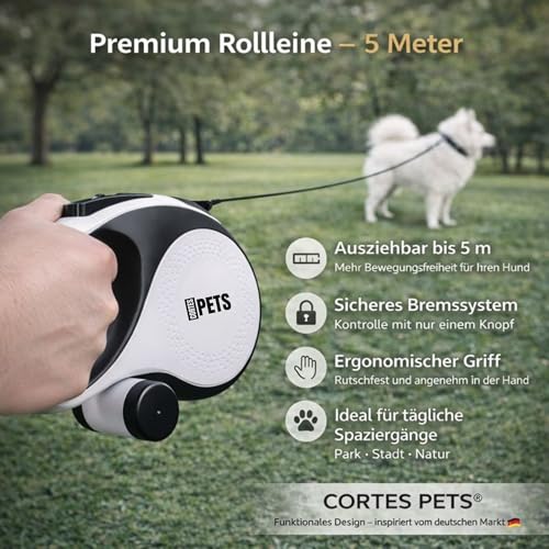 CORTES PETS Rollleine Hundeleine für mittlere und große Hunde 5m - bis 50kg - Ausziehbar mit Bremsknopf - Ausziehleine mit Kotbeutelhalter Ink 15 Beutel - EIN-klick-Befestigung - Flexi ble Leine Hund