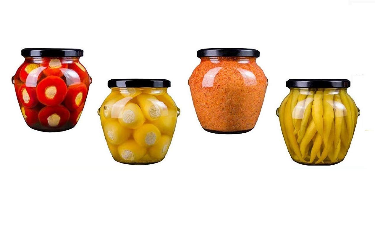 A.K Sales Matka Style Pot Glass Jars and Container for Storage Spices and Pickle Clear View 500 ml Metal lid Air Tight and Lid (Set of 4)