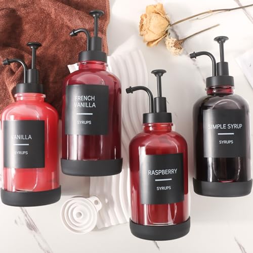 Coffee Syrup Dispenser for Coffee Bar, Set of 4 Non-Slip Glass Syrup Dispenser w. Labels and Silicone Sheath, 16.9 oz 500ml Syrup Pump Dispenser, Coffee Bar Accessories Simple Syrup Bottle w. Pump by GYOSUGANG - Image 6