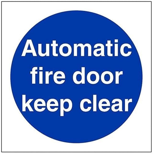VSafety Automatic Fire Door Keep Clear Mandatory Sign - Square - 100mm x 100mm - 1mm Rigid Plastic