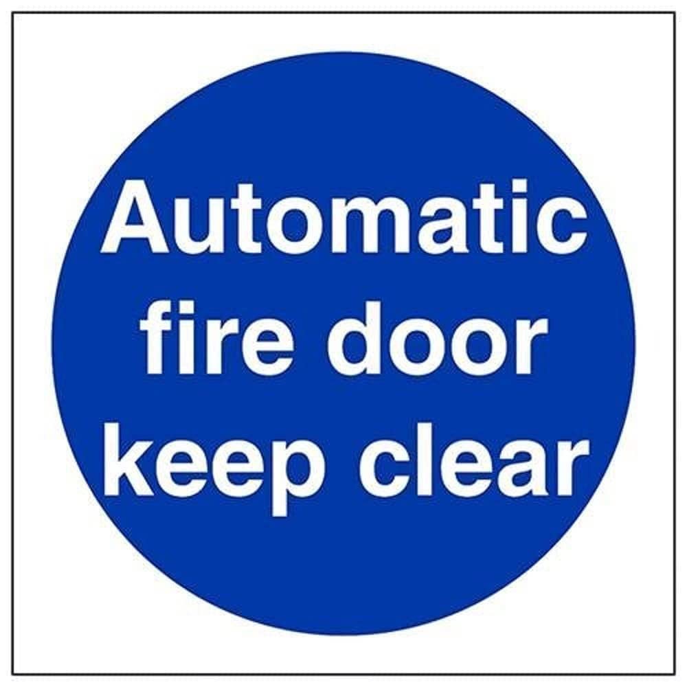 V Safety Automatic Fire Door Keep Clear Mandatory Sign - 100mm x 100mm - 1mm Rigid Plastic