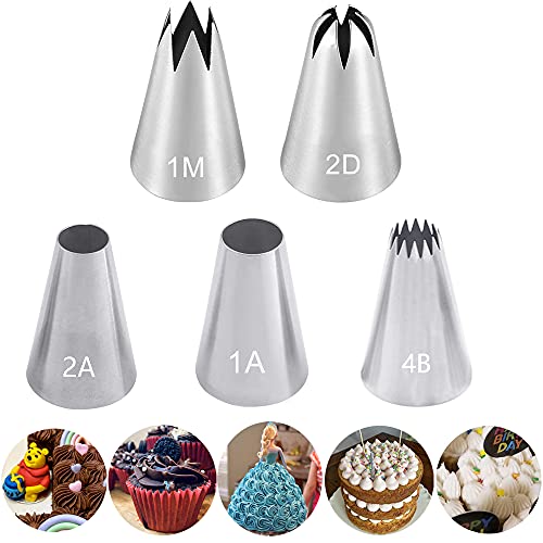 Large Piping Tips Set for Cake Cupcake Decorating,Stainless Steel Icing Piping Nozzles,5 Decorating Tips Pastry Tips Frosting Tips for Cream Rose Flower Meringue Cookie Decoration,#1A 1M 2A 2D 4B