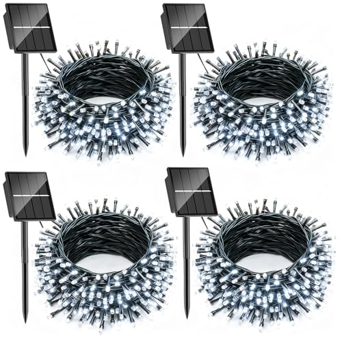 SOLARBABY 4 Pacchi Luci Natale Esterno Solare, 10M 100LED Catena Luminosa Esterno Solare, 8 Modalità Impermeabili Luci Natalizie da Esterno per Giardino Albero Patio Balcone, Bianco