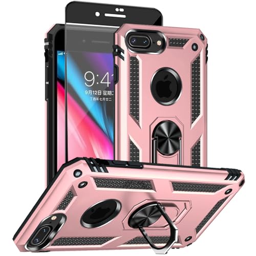 Aozuoton for iPhone 8 Plus Case, iPhone 7 Plus Case with HD Screen Protector, [Military Grade 16ft. Drop Tested] Ring Shockproof Protective Phone Case for iPhone 8 Plus/7 Plus,Rose Gold