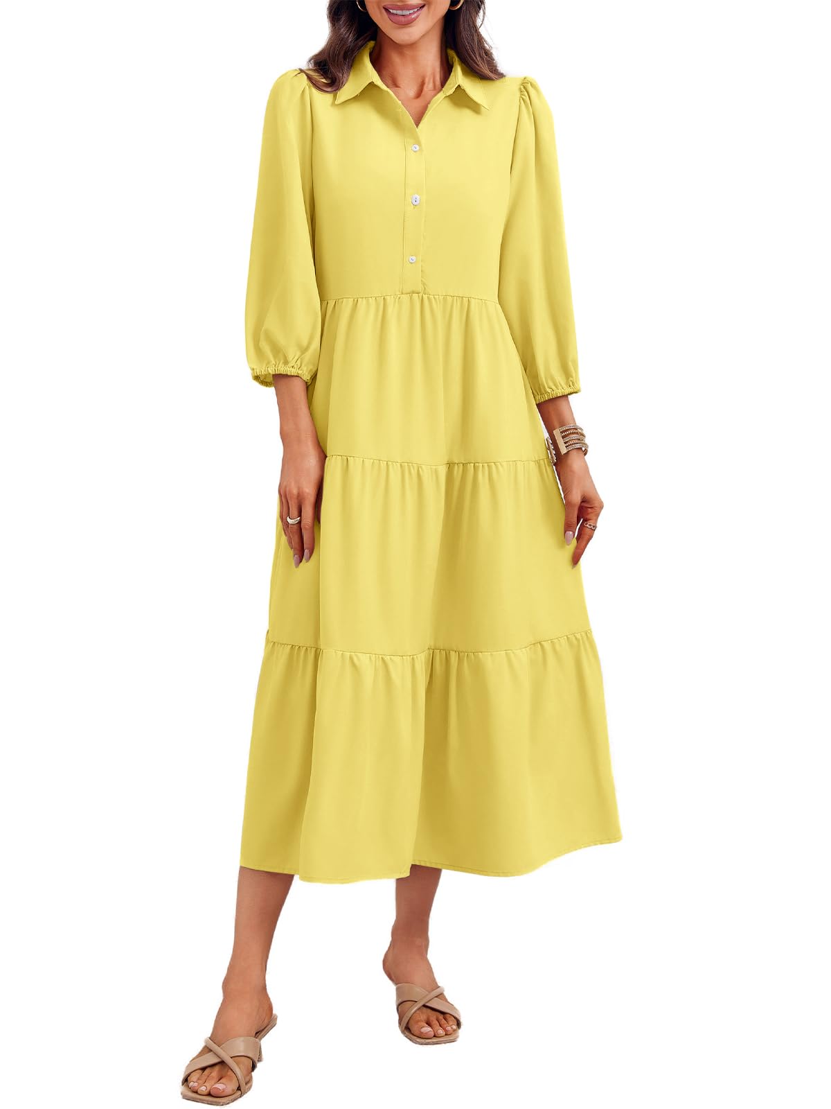 Robe chemise décontractée avec col en V fluide et manches 3/4 légères - 8
