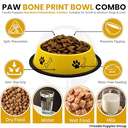 Image of Foodie Puppies Stainless Steel Dog Bowl Combo - (Medium, 700ml) Food and Water Feeding Gift Bowl | Suitable for Dogs, Cats and Other Pets I Paw Bone Print, Anti-Skid Rubber Base (Yellow + Orange)