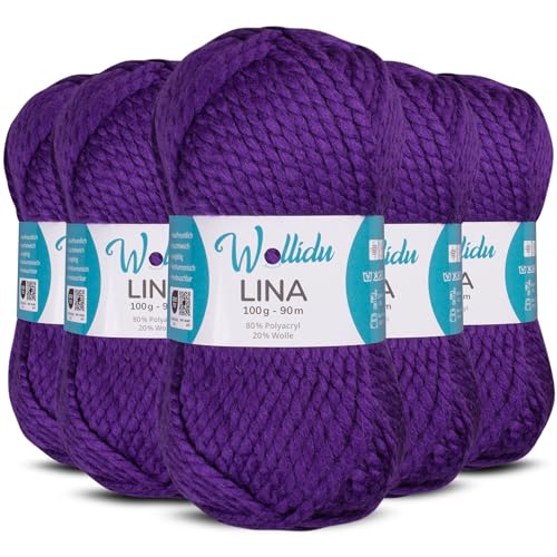 Wollidu Lina Wolle zum Stricken und Häkeln 500g 80% Polyacryl 20% Schafwolle Mulesing-frei Oeko-Tex 5x 100g/90m Häkelwolle/Strickwolle - Violett