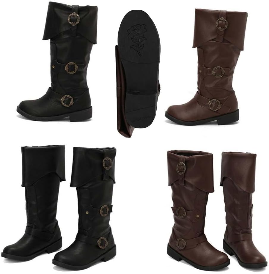 Pirate Costume Boots for Women Medieval Renaissance Knee High Wide Calf Boots with Buckles Vintage Halloween Cosplay Shoes