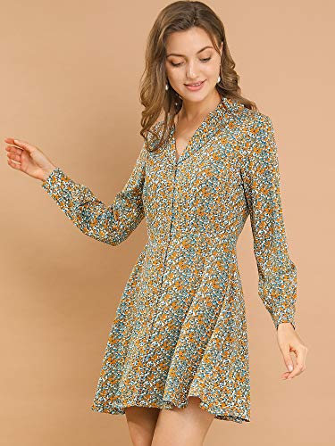 Allegra K Women's Mini Floral Dresses Fit and Flare Long Sleeve Camp Collar Button Down Shirt Dress Medium Blue