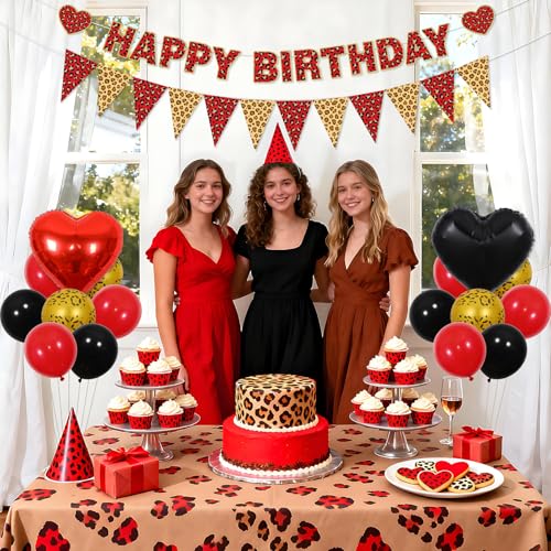 Image of Red Cheetah Birthday Party Decors Leopard Party Decors Set for Girls, Happy Birthday Banner, Heart Foil Balloons, Latex Balloons, Bunting Flags, Bold Animal Print Theme Decor for Home Bday Celebration
