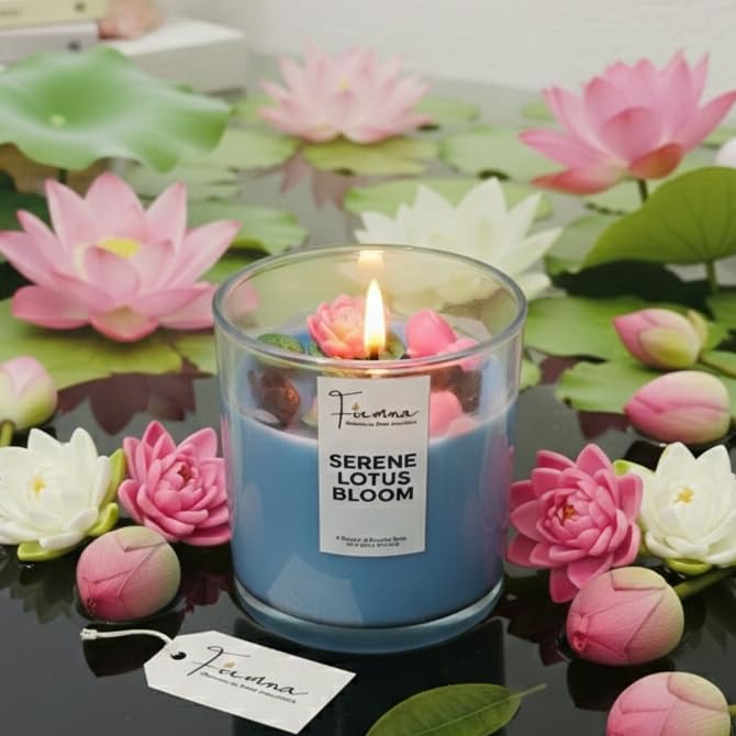 Image of Serene Lotus Pond Scented Jar Candle | 200gm Soy Wax with Lotus, Leaves & Boat Topper | Calming Rose Fragrance | Unique Christmas Gift, Home Decor for Peace & Meditation