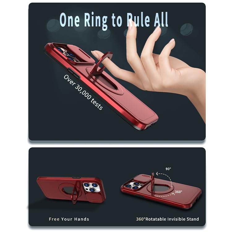 Image of LuxuryKase MagSafe Shockproof Rugged Back Case for iPhone 15 Pro Max | Finger Ring Kickstand & Sliding Camera Cover | Military Drop Protection | Wireless Charging Support - Red