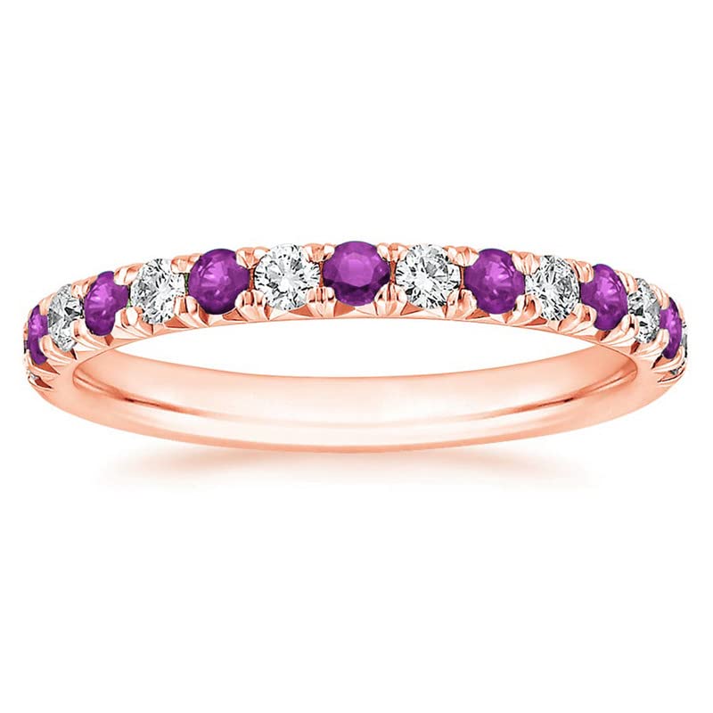 2 mm Wide Amethyst & White Diamond Full Eternity Ring For Women, 14k Rose Gold Finish Amethyst Anniversary Wedding Band, Ladies Alternate Diamond Ring