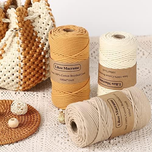 Miniatura 5 de Cordón de algodón trenzado de 0.11 pulgadas x 109 yardas, cuerda de algodón para macramé natural, estilo bohemio, para colgar plantas hechas a mano