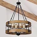 Sigaitwei Wood Farmhouse Chandelier Rustic Light Fixture, 4-Light Round Chandelier for Dining Room Entryway Kitchen Island Foyer,Vintage Wood and Metal Honeycomb Grid Finish