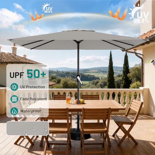 Image of AreShark 8' X 10' Rectangular Patio Umbrella with Solar Lights, Lighted Solar Umbrella with Crank, Outdoor Table Umbrella for Garden, Deck, Backyard, Pool and Beach, Light Gray