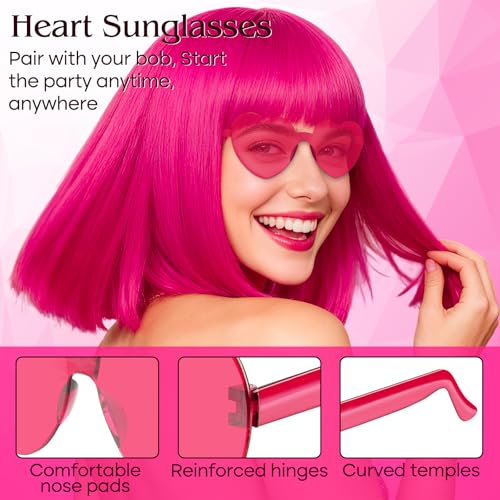 Image of PLULON Hot Pink Bob Wig with Bangs, Short Straight Bob Wig with Heart Sunglasses 12Inch Shoulder Length Heat Resistant Synthetic Hair for Women Natural Look Daily Use Cosplay Halloween Costume Party