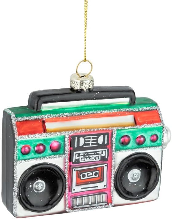The Bridge Collection Adorno navideño de cristal Boombox  Decoración navideña de música retro  Colorido adorno estéreo con detalle de purpurina